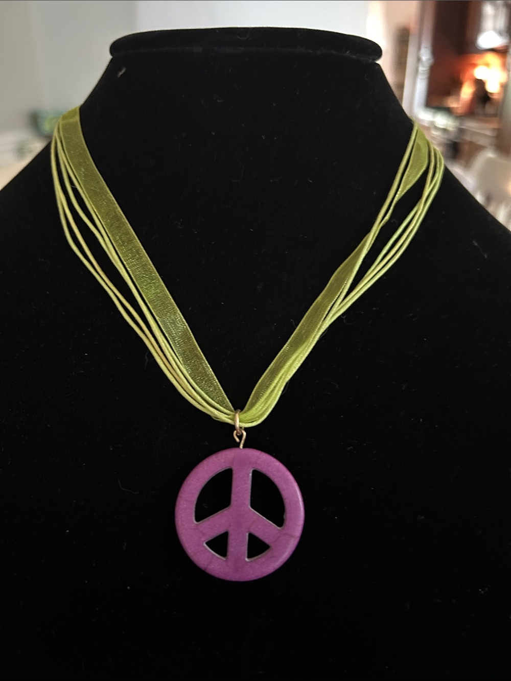 Green Ribbon Necklace with Purple Peace Sign Pendant - Fashion Necklace